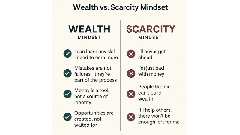 Infographic comparing Wealth Mindset and Scarcity Mindset. Wealth Mindset includes beliefs like 'I can learn any skill' and 'Opportunities are created.' Scarcity Mindset includes limiting thoughts like 'I’ll never get ahead' and 'I’m just bad with money.' Each point is marked with checkmarks or Xs.